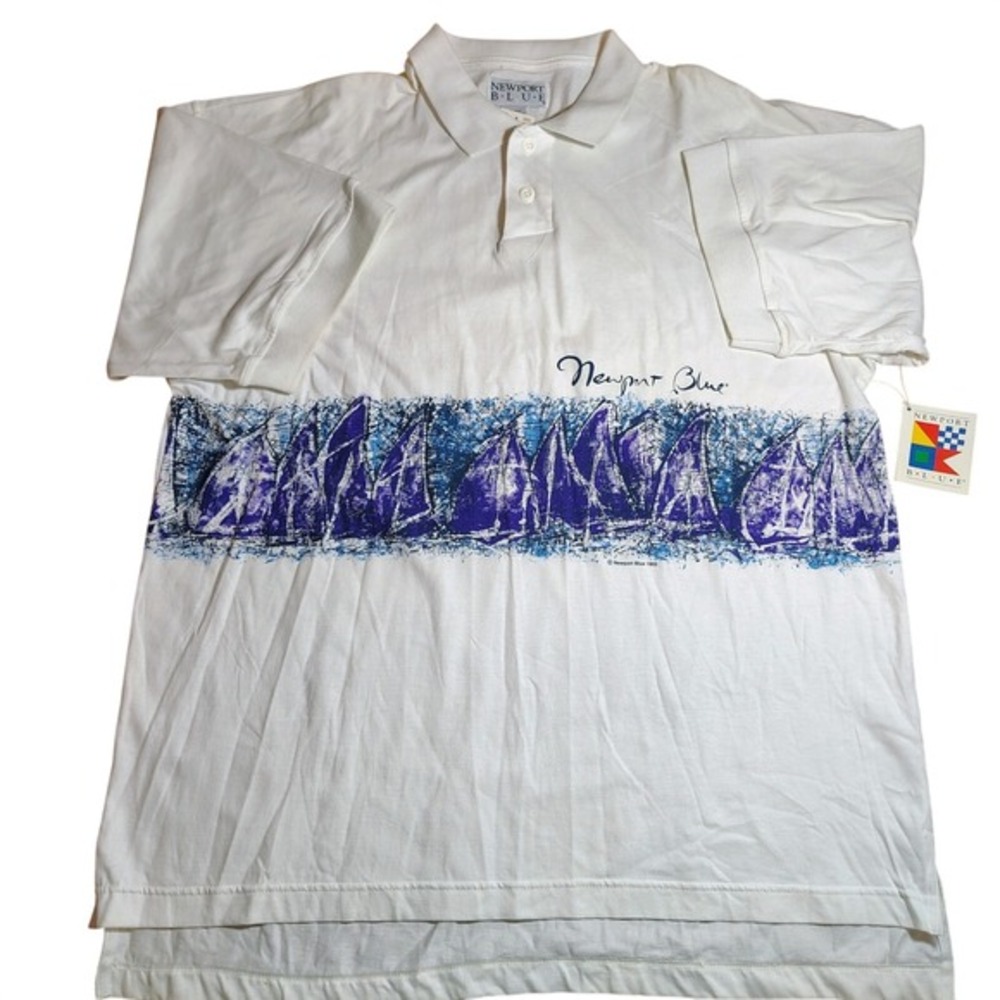 Vintage‎ Newport Blue Polo Shirt XL White Sailboat Graphic 1993 90s NOS nautical
